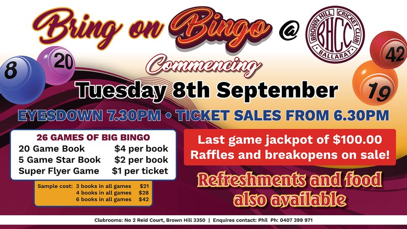 Brown Hill Cricket Club Bingo Sept 2026